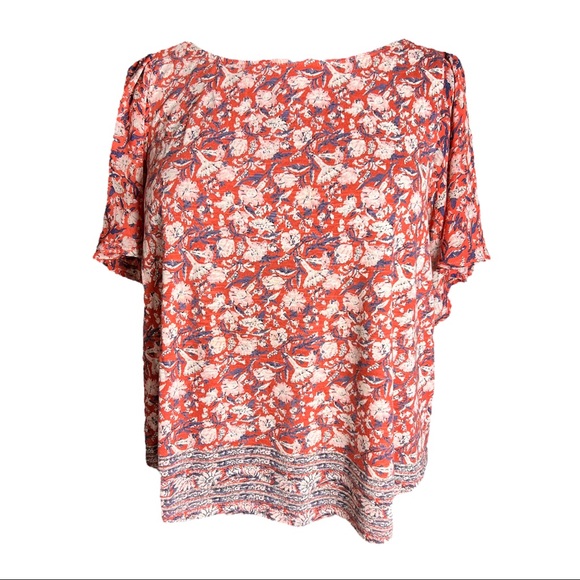 LUCKY BRAND || Floral Blouse with Back Cutout and Flutter Sleeves Large - Picture 3 of 16